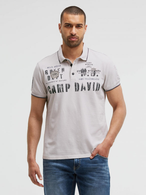 CAMP DAVID Pikee-Polo Oil Dyed mit Prints und Patches - ash