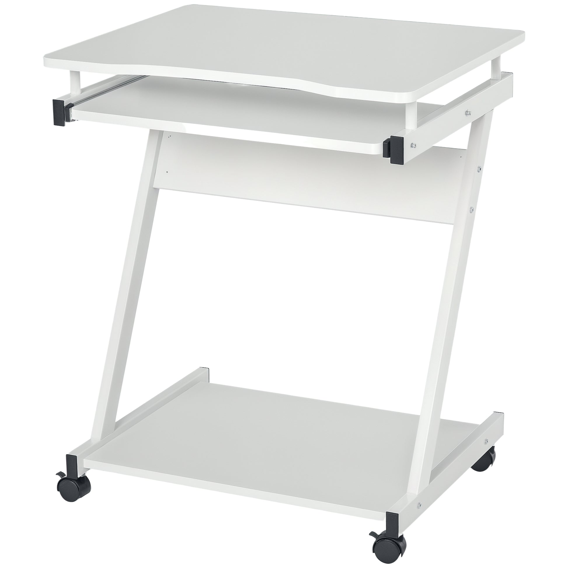 HOMCOM Schreibtisch Computertisch Z-Form mit 4 Rollen, platzsparend und stabil, mit Tastaturablage, Metall & Spanplatte, Weiß 60x48x73 cm   Aosom.de