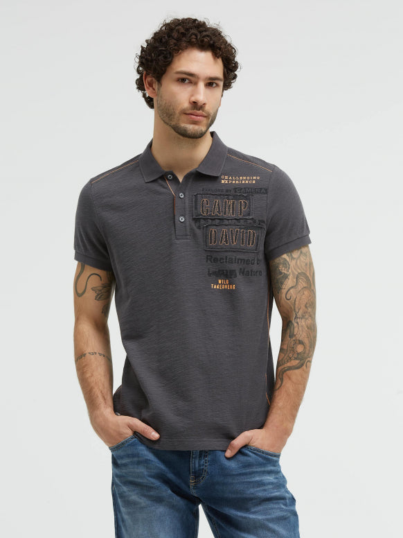 CAMP DAVID Polo mit Flammgarnstruktur und Label-Applikationen - black rock