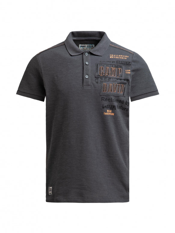 CAMP DAVID Polo mit Flammgarnstruktur und Label-Applikationen - black rock