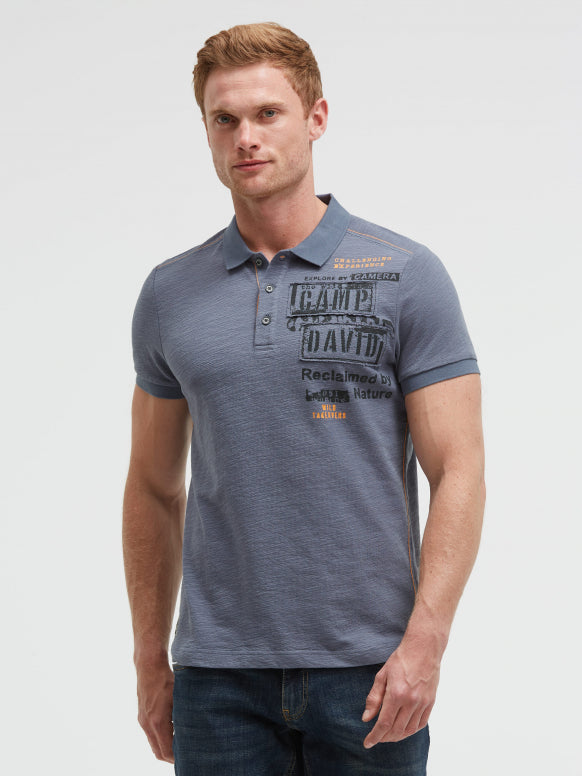 CAMP DAVID Polo mit Flammgarnstruktur und Label-Applikationen - blue concrete