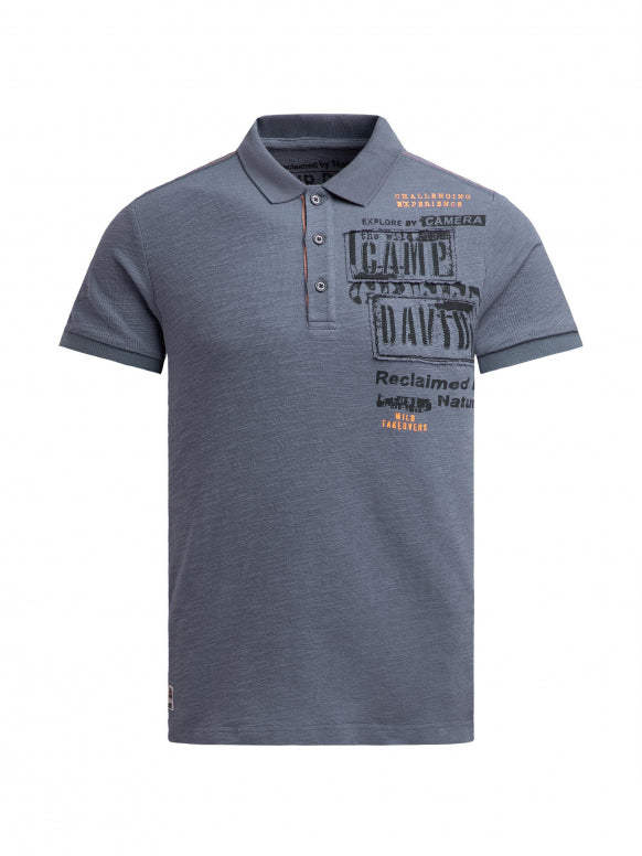 CAMP DAVID Polo mit Flammgarnstruktur und Label-Applikationen - blue concrete