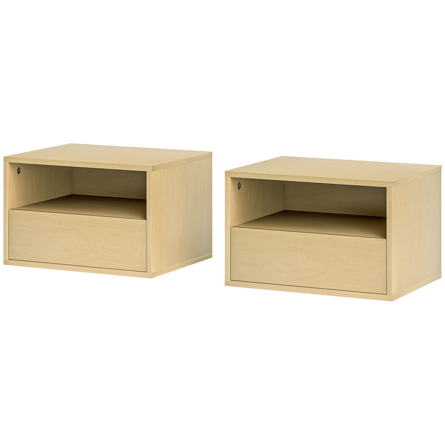 HOMCOM 2er Set Nachttisch hängend, Schwebender Nachtschrank mit Schublade, offenes Regal, Wandschrank für Schlafzimmer, Wohnzimmer, 45 x 35 x 27,5 cm, Naturholz   Aosom