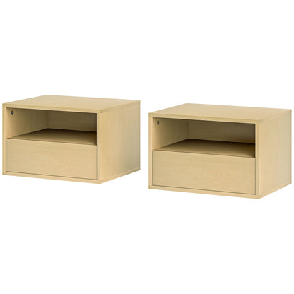 HOMCOM 2er Set Nachttisch hängend, Schwebender Nachtschrank mit Schublade, offenes Regal, Wandschrank für Schlafzimmer, Wohnzimmer, 45 x 35 x 27,5 cm, Naturholz   Aosom