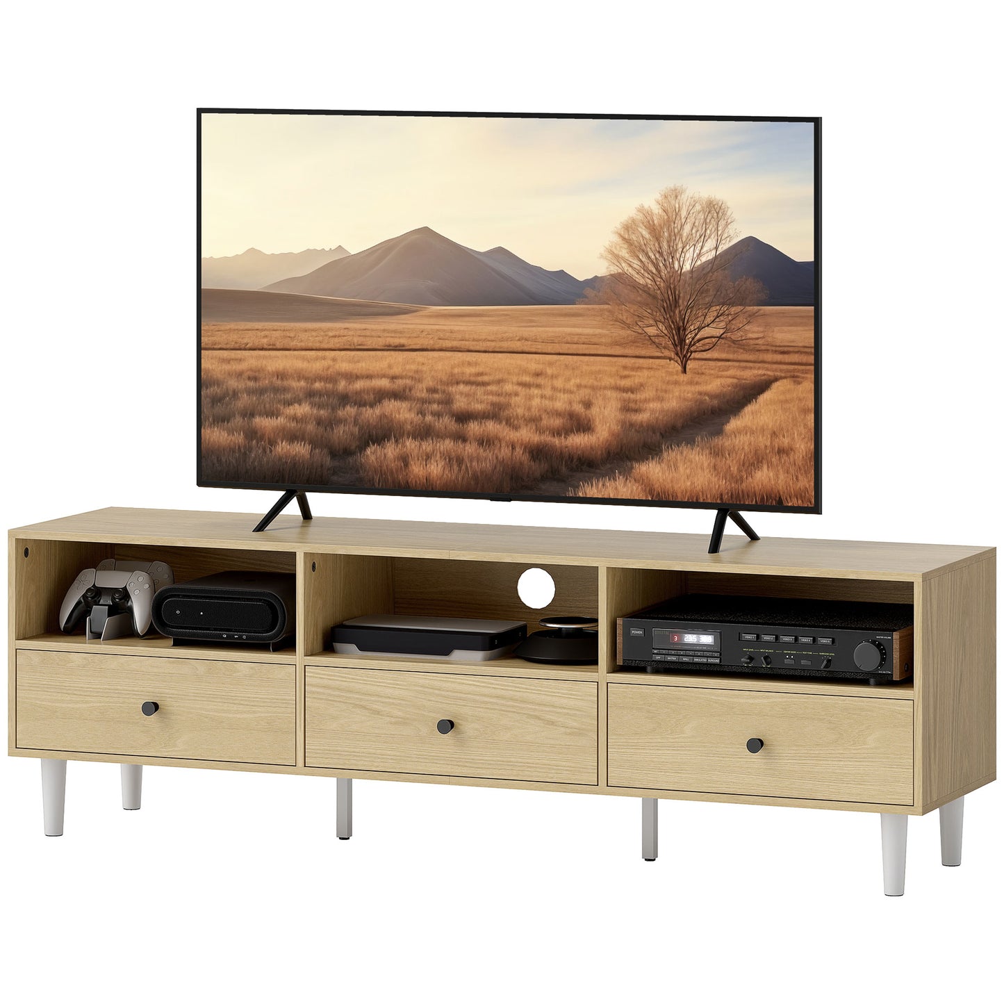 HOMCOM TV-Möbel TV-Bank für Fernseher bis zu 75" mit 3 Schubladen, 3 offenen Regalen und Kabeldurchführung, für Wohnzimmer Schlafzimmer, 140 x 34 x 45 cm, Naturholz   Aosom