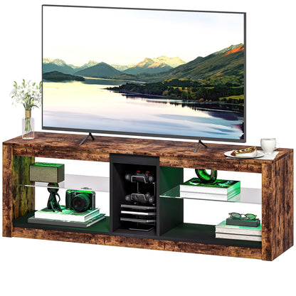 HOMCOM TV-Möbel mit LED-Lichtern und Fernbedienung, TV-Holzbank für Fernseher bis zu 65 Zoll mit offenen Regalen und Fächern, für Wohnzimmer Schlafzimmer, 140x35x47cm, braun   Aosom