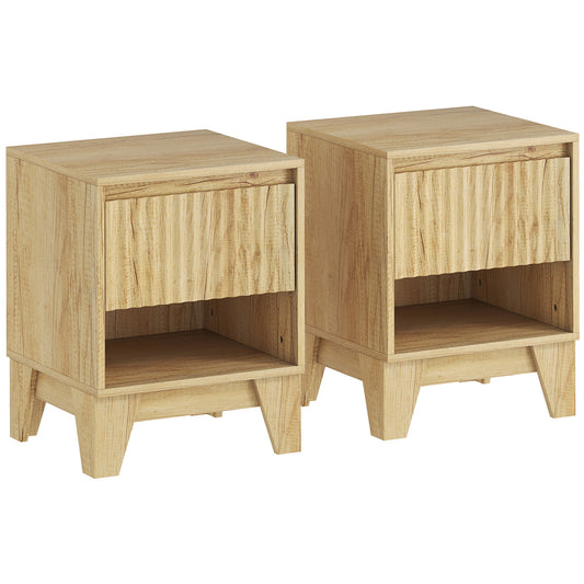 HOMCOM Set von 2 schmalen Nachttischen, Beistelltisch mit offenem Fach und 1 Schublade, gerillte Paneele für Schlafzimmer, Wohnzimmer, Naturholz   Aosom