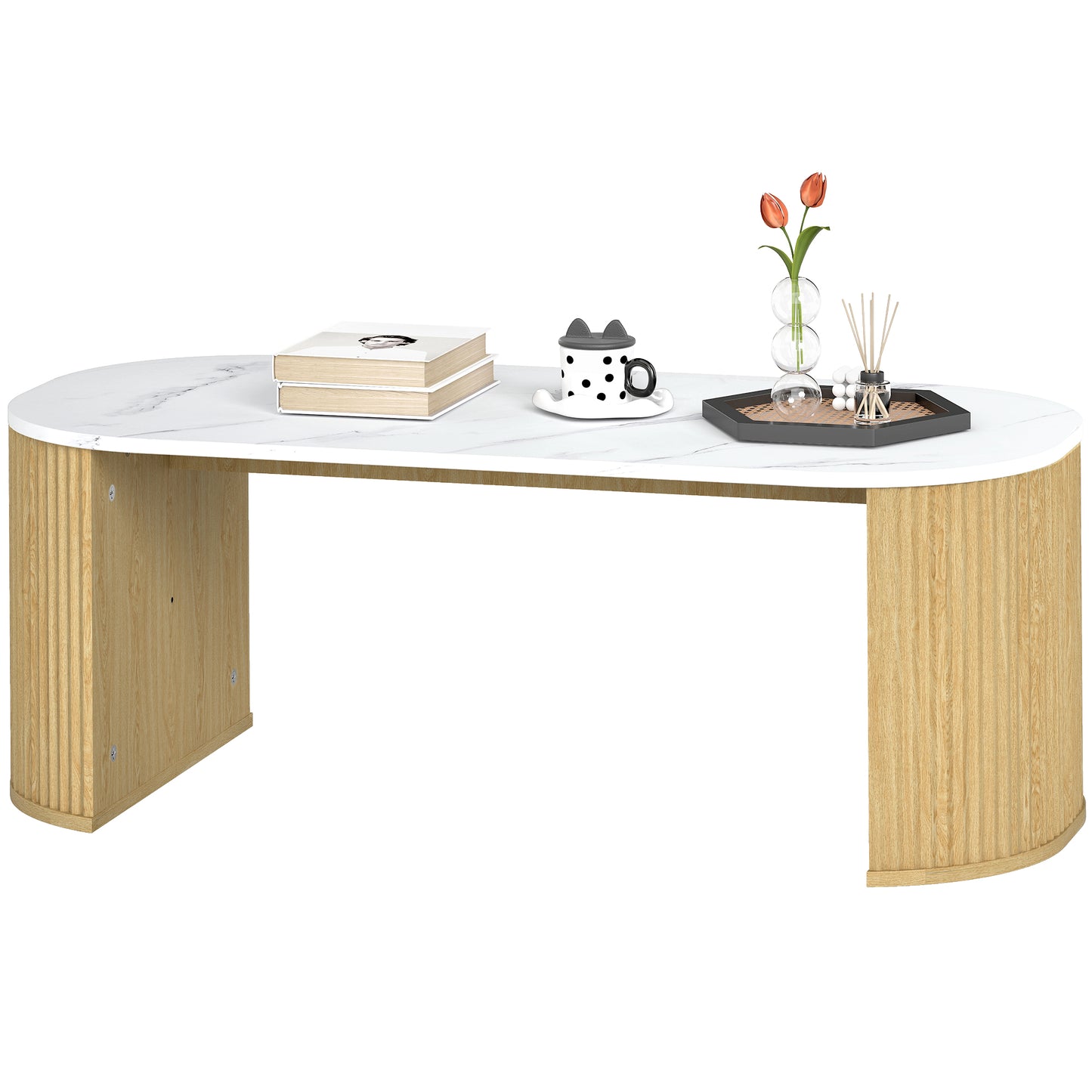 HOMCOM Ovaler Couchtisch, Beistelltisch mit Marmoreffekt, abgerundete Ecken und kräftige Beine, für Wohnzimmer Büro Schlafzimmer, 110 x 50 x 40 cm, Weiß   Aosom