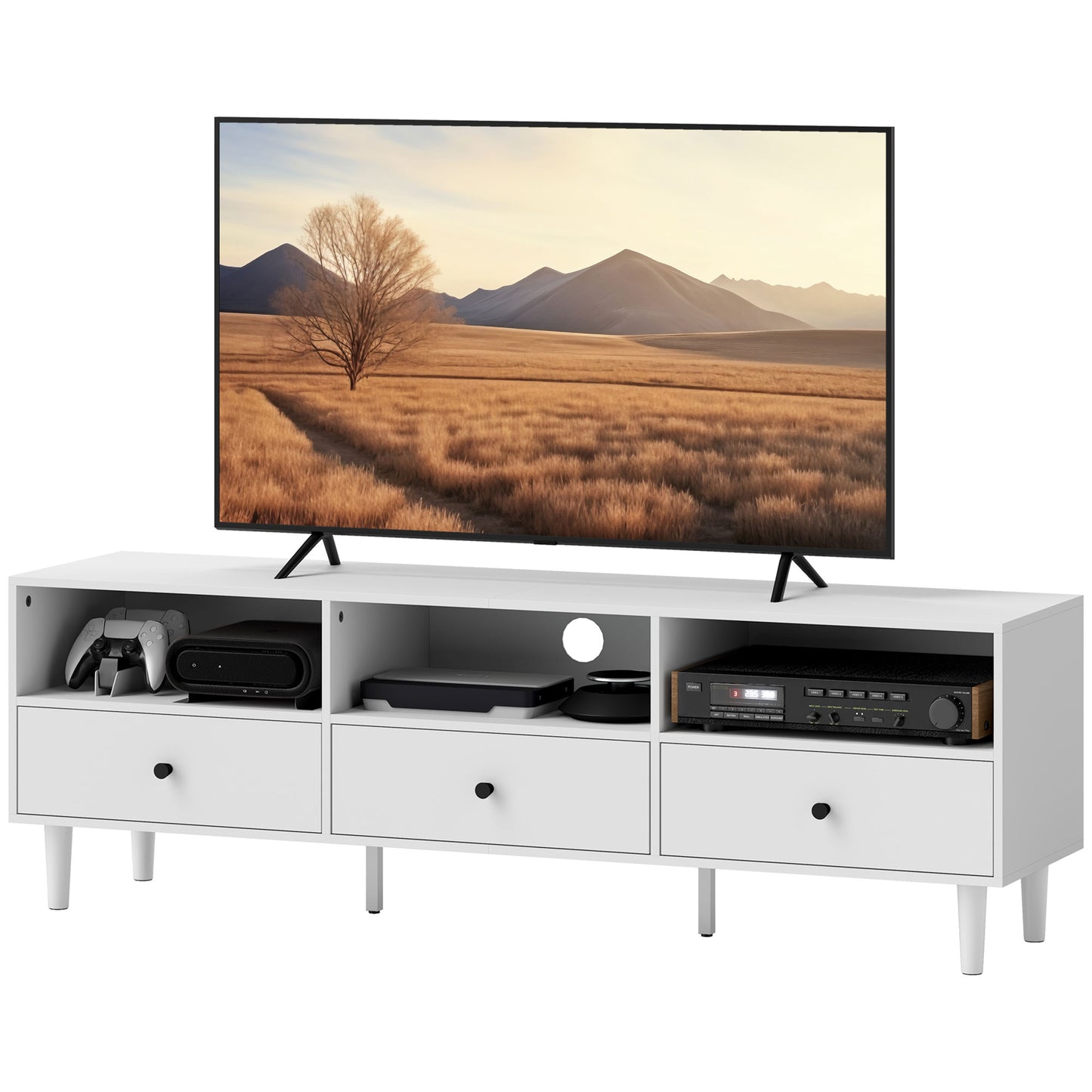 HOMCOM TV Schrank TV Board mit Schubladen, 3 offenen Fächern 140 cm lang TV Lowboard mit Kabelmanagement für Fernseher bis zu 75 Zoll Fernsehtisch für Wohnzimmer Weiß 140x34x45cm   Aosom