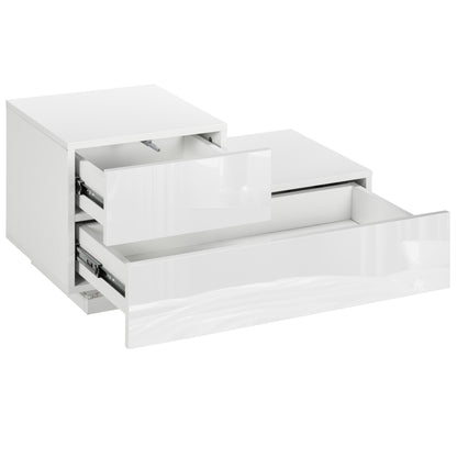 HOMCOM Nachttisch Modern mit 16 RGB-LED-Lichtern, Fernbedienung und Zwei Schubladen aus Spanplatte, 70x37x38cm, Weiß   Aosom