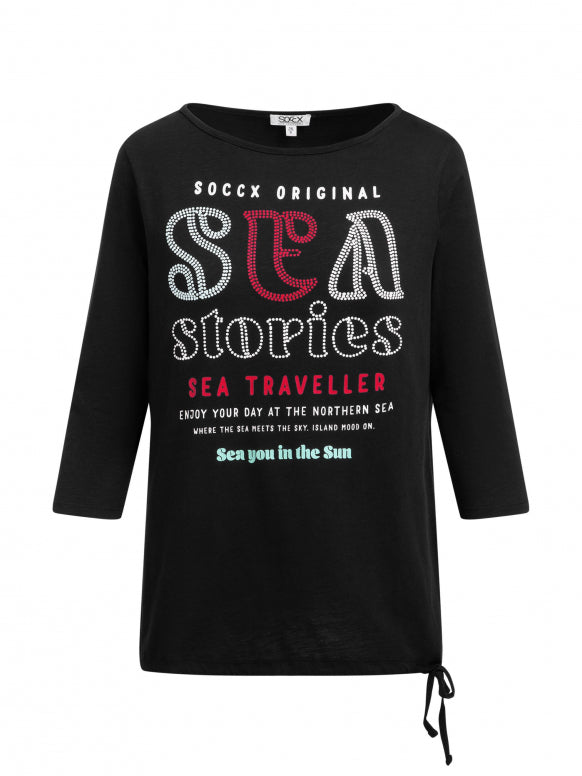 SOCCX Shirt mit U-Boot-Ausschnitt, Artwork und Saumband - black