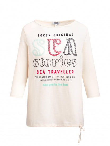 SOCCX Shirt mit U-Boot-Ausschnitt, Artwork und Saumband - shell sand