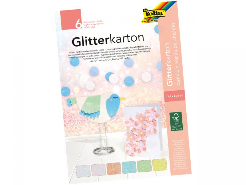 Folia Glitterkarton »Pastell«, 270g/m², 24 x 34 cm, 6 Bogen