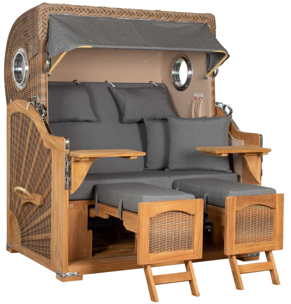 Strandkorb Düne Grande Bullauge Teak PE Banana Dessin 551