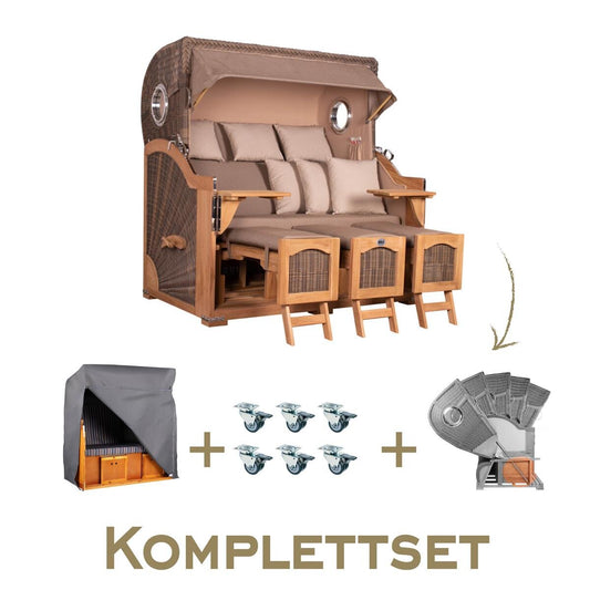 Strandkorb Komplettset Düne Grande XXL Teak Bullauge PE Grey Dessin...
