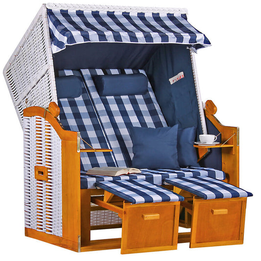 Strandkorb Ostsee Wacholder PE Weiß Dessin Karo Blau