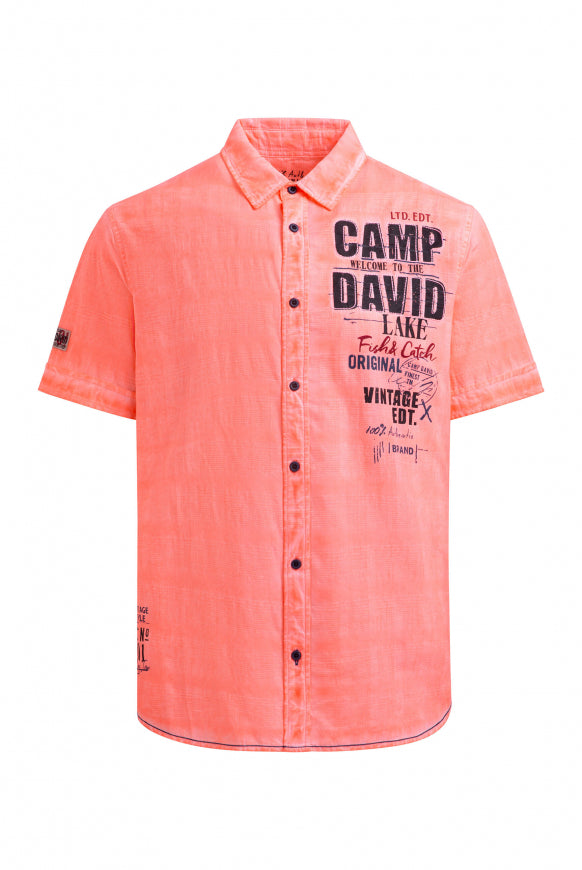 CAMP DAVID Strukturiertes Kurzarmhemd Oil Dyed mit Logo Artwork - neon flame