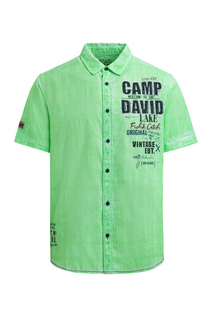 CAMP DAVID Strukturiertes Kurzarmhemd Oil Dyed mit Logo Artwork - neon green