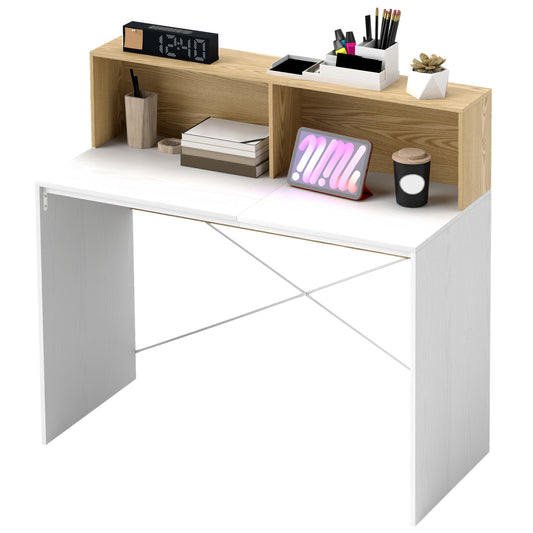 HOMCOM Computertisch mit Aufbewahrung 110 x 50 cm mit 2 offenen Fächern und Regal, Computertisch für Homeoffice, Schlafzimmer, kleine Räume, weiß und natur   Aosom