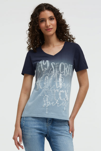 SOCCX T-Shirt Dip Dye mit V-Ausschnitt und Label Print - blue navy