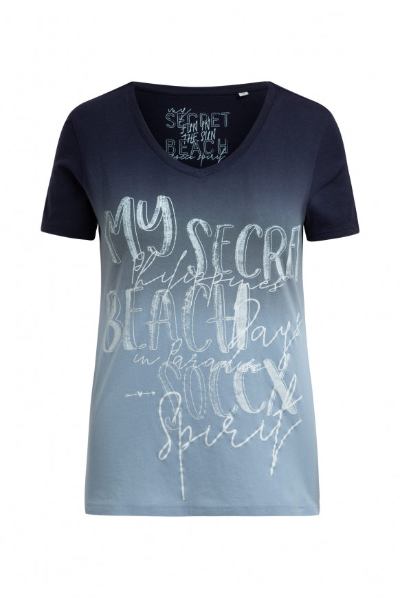 SOCCX T-Shirt Dip Dye mit V-Ausschnitt und Label Print - blue navy
