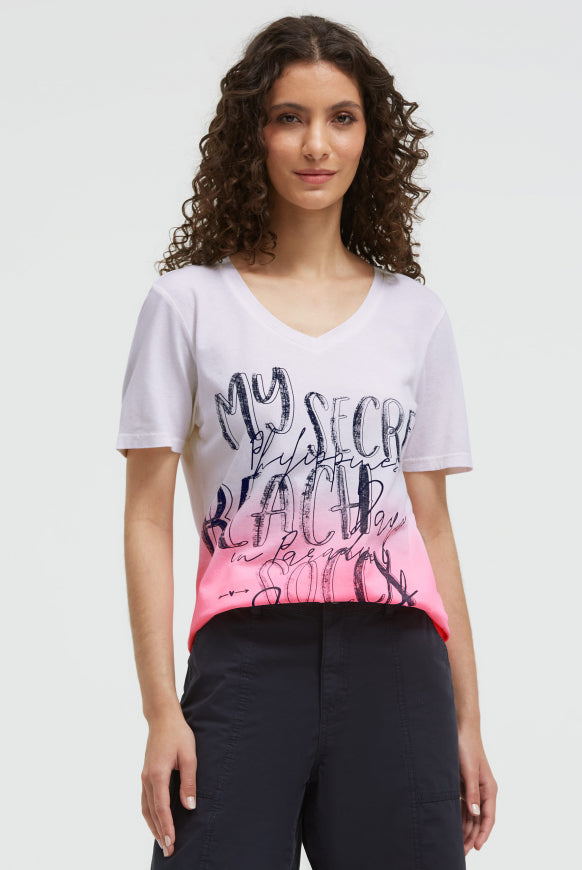SOCCX T-Shirt Dip Dye mit V-Ausschnitt und Label Print - neon pink