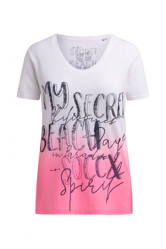 SOCCX T-Shirt Dip Dye mit V-Ausschnitt und Label Print - neon pink
