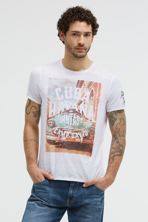CAMP DAVID T-Shirt mit Ausbrenner-Effekten und Photoprint - opticwhite