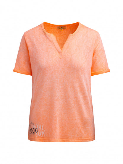 SOCCX T-Shirt mit Leinen-Optik und Rückenprint - neon apricot