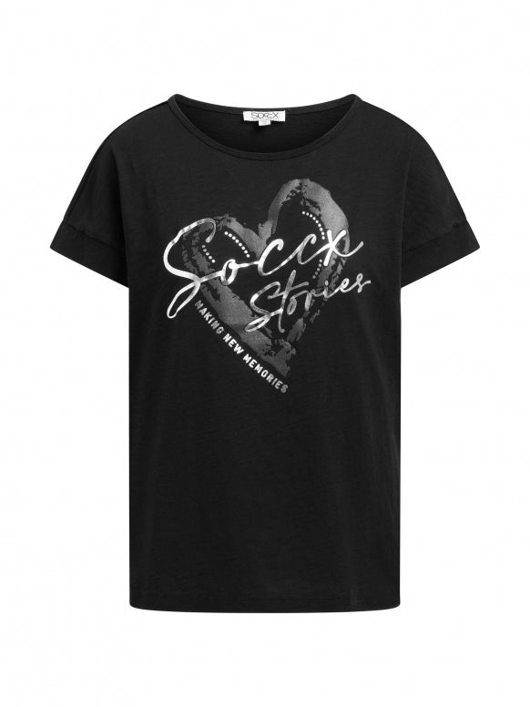 SOCCX T-Shirt mit überschnittener Schulter und Folienprint - black
