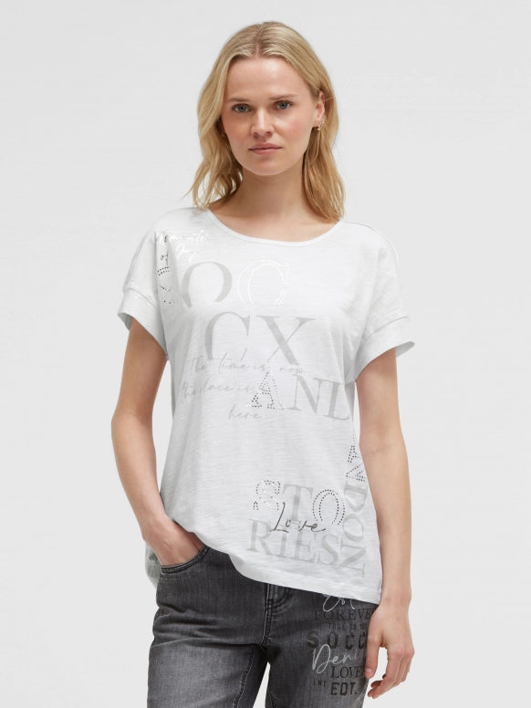 SOCCX T-Shirt mit überschnittener Schulter und Folienprint - opticwhite