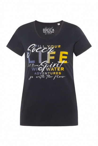 SOCCX T-Shirt mit V-Ausschnitt und Artwork - blue navy