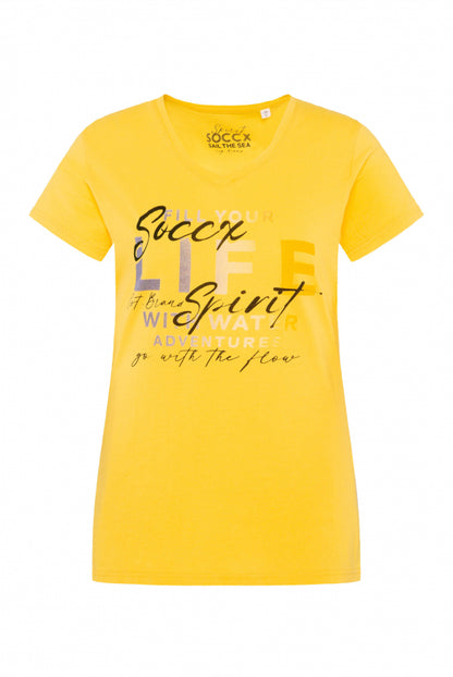 SOCCX T-Shirt mit V-Ausschnitt und Artwork - golden honey