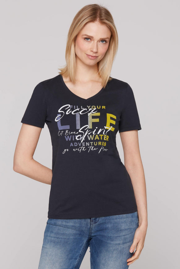 SOCCX T-Shirt mit V-Ausschnitt und Artwork - blue navy