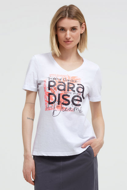 SOCCX T-Shirt mit V-Ausschnitt und Glitter-Puffprint - opticwhite