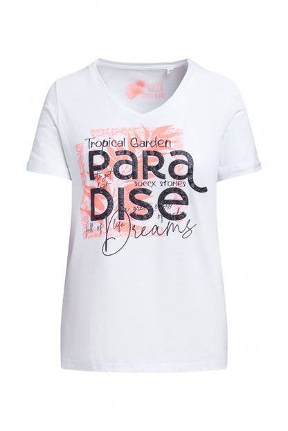 SOCCX T-Shirt mit V-Ausschnitt und Glitter-Puffprint - opticwhite