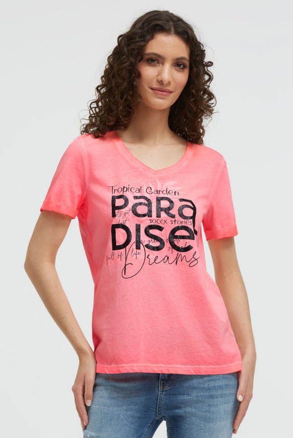 SOCCX T-Shirt mit V-Ausschnitt und Glitter-Puffprint - neon flame