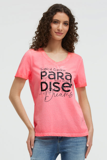 SOCCX T-Shirt mit V-Ausschnitt und Glitter-Puffprint - neon flame
