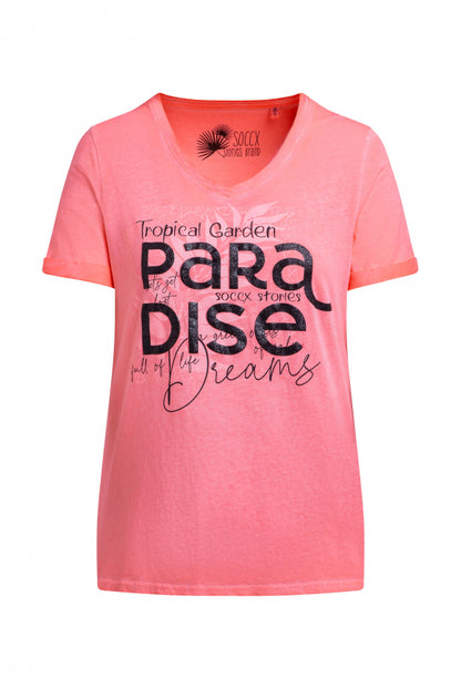 SOCCX T-Shirt mit V-Ausschnitt und Glitter-Puffprint - neon flame