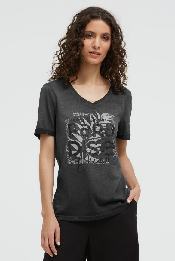 SOCCX T-Shirt mit V-Ausschnitt und Glitter-Puffprint - black