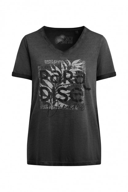 SOCCX T-Shirt mit V-Ausschnitt und Glitter-Puffprint - black