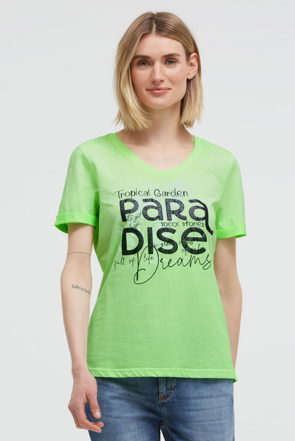 SOCCX T-Shirt mit V-Ausschnitt und Glitter-Puffprint - neon green