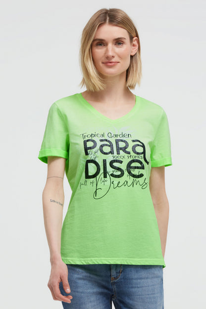 SOCCX T-Shirt mit V-Ausschnitt und Glitter-Puffprint - neon green
