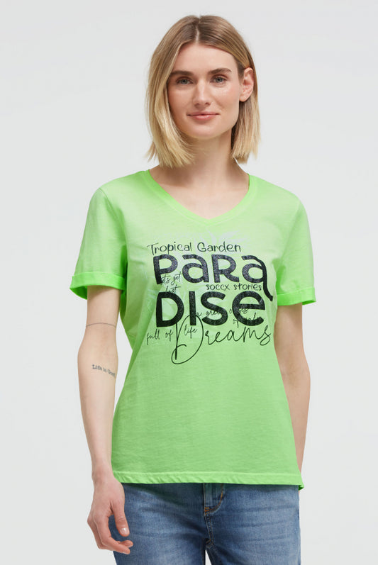 SOCCX T-Shirt mit V-Ausschnitt und Glitter-Puffprint - neon green