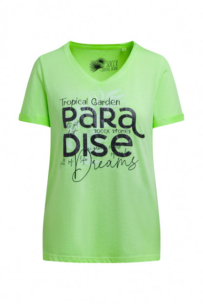 SOCCX T-Shirt mit V-Ausschnitt und Glitter-Puffprint - neon green