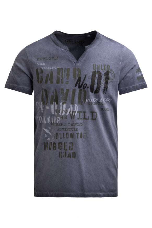 CAMP DAVID T-Shirt mit V-Cut und Used Print - blue grey