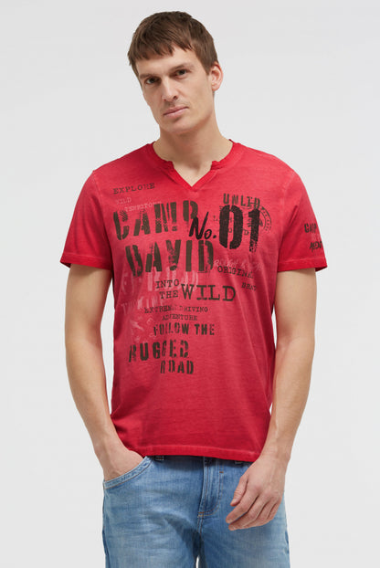 CAMP DAVID T-Shirt mit V-Cut und Used Print - red orange