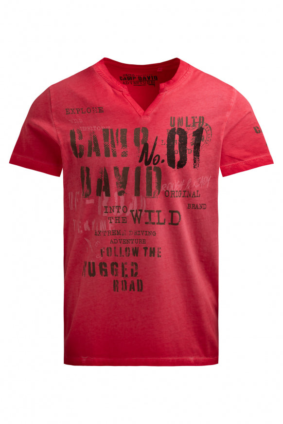 CAMP DAVID T-Shirt mit V-Cut und Used Print - red orange