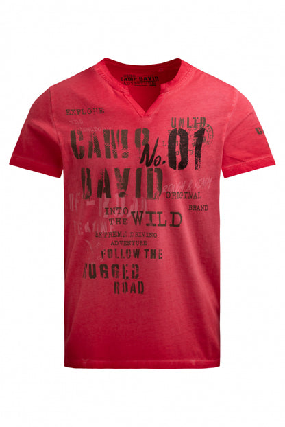 CAMP DAVID T-Shirt mit V-Cut und Used Print - red orange