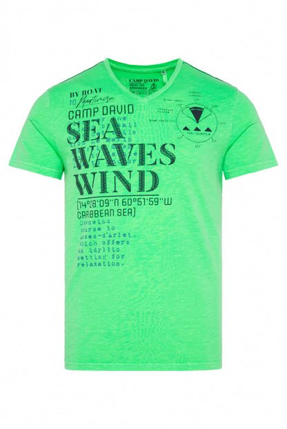 CAMP DAVID T-Shirt mit V-Neck und Wording Prints - electric green
